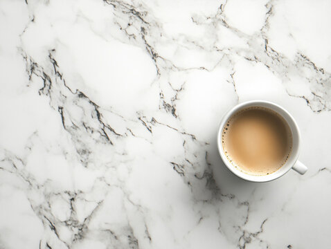 Elegant white mug displayed sleek marble countertop background minimalistic modern aesthetic kitchen lifestyle branding visual blank mockup ecommerce fancy interior coffee latte milk glossy cup