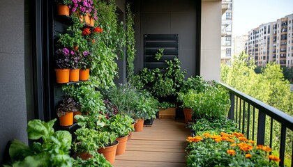 Obraz premium Urban balcony garden in an apartment building, featuring a thriving farm with fresh herbs, vegetables, and flowers growing in pots, hanging planters, and vertical gardening systems