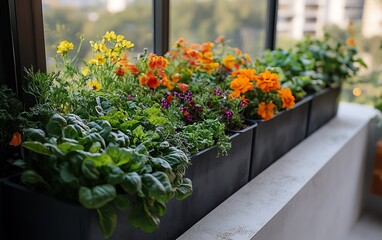 Obraz premium Urban gardening on an apartment balcony, with vertical farming systems, colorful vegetables, herbs, and flowers growing in containers, creating a minifarm in the heart of the city