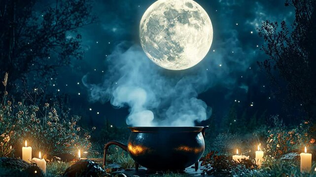 Moonlit night with a bubbling cauldron surrounded by candles in a mystical forest setting