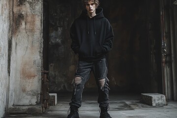 A male model wearing dark street style, a black hoodie, ripped jeans and combat boots, standing in front of an industrial style backdrop with dark shadows