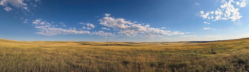 Serene Landscape: Golden Fields Under Blue Sky with Wind Turbine, Peaceful Prairie Scenery, Breathtaking View