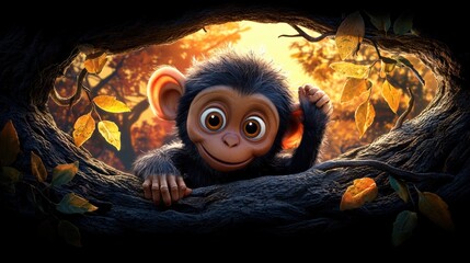 Fototapeta premium Playful baby monkey in autumn forest nature scene captivating wildlife charming environment