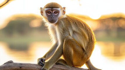 Serene african sunset majestic monkey by the water in wildlife photography