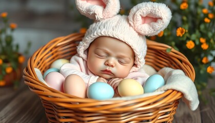 Adorable Sleeping Baby in a Pink Bunny Costume Nestled in an Easter Basket