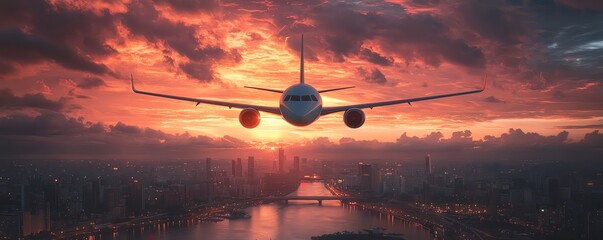 A commercial jet flying high above a vibrant city skyline at sunset, glowing sky with reds and oranges, reflections on modern buildings, stunning details, photorealistic quality