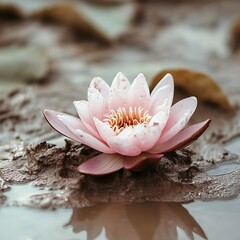 Delicate pink water lily blossom in a muddy pond.