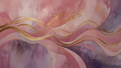 Fototapeta premium An abstract composition of intertwined curves and waves in pastel pink and lavender hues, with subtle golden accents