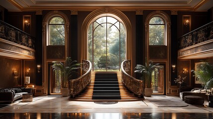 Fototapeta premium Grandiose Mansion Interior: Opulent Staircase and Sunlit Garden View