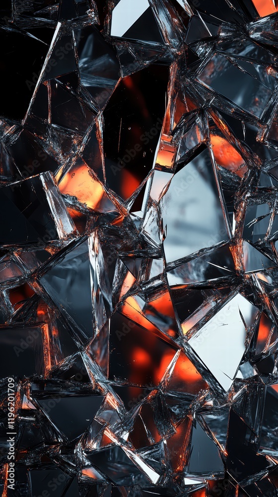 Sticker abstract dark design with fragmented glass shards and reflective surfaces, creating a sense of broke