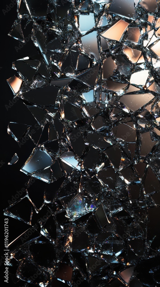 Sticker abstract dark design with fragmented glass shards and reflective surfaces, creating a sense of broke