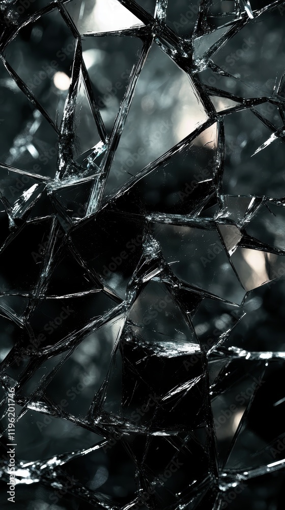 Wall mural abstract dark design with fragmented glass shards and reflective surfaces, creating a sense of broke