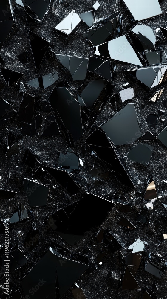 Wall mural abstract dark design with fragmented glass shards and reflective surfaces, creating a sense of broke