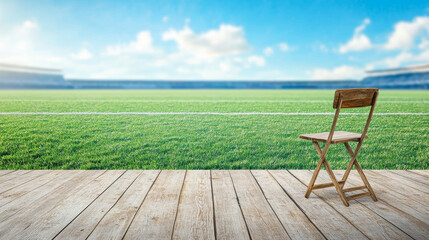 Obraz premium rustic chair on wooden deck overlooking vibrant football field, evoking sense of tranquility and anticipation