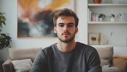 Obraz premium Young Man's Serene Portrait: Contemplative Mood in Cozy Home Setting, Relaxed Atmosphere, Introspective Gaze, Calm Expression