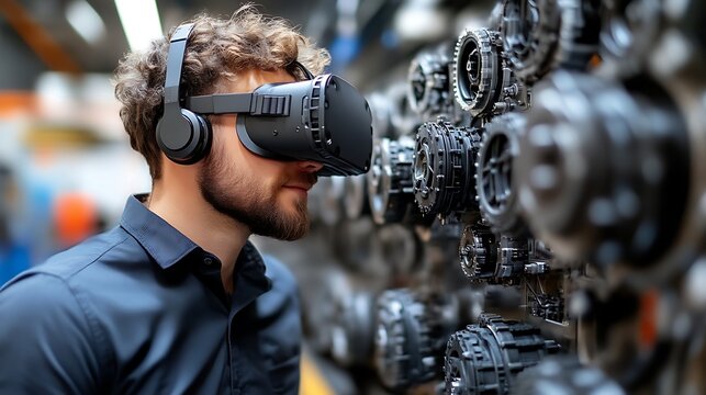 Man using VR headset to inspect car parts.