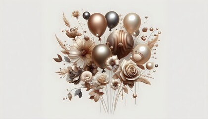 Elegant gold and white balloons with glitter confetti on festive background. Birthday banner with copy space