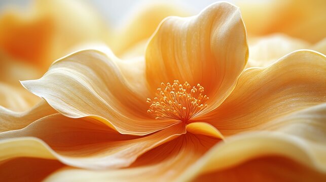 Fototapeta Close-up of a delicate, orange flower with soft, layered petals and a detailed pistil.