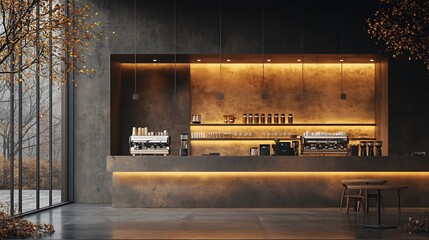 Modern coffee shop interior with autumnal view.