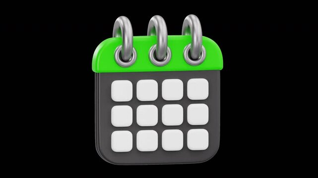 3D Animation of Calendar with Green Header, Alpha Channel, Prores