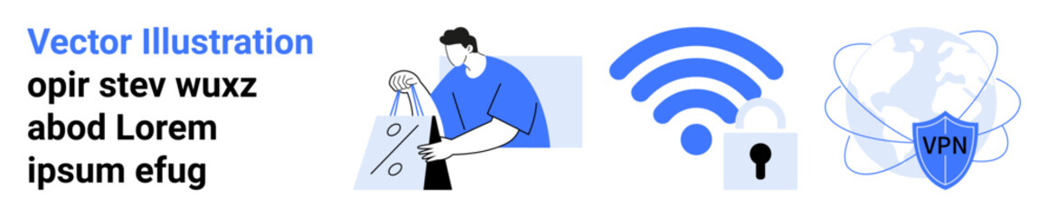Male figure working on laptop, wireless symbol with lock, and VPN shield symbolizing secure internet. Ideal for cybersecurity, technology, data privacy, online protection, encrypted connection, IT