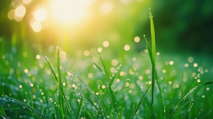 Fototapeta premium Dew kissed grass in early morning with soft bokeh and glistening droplets