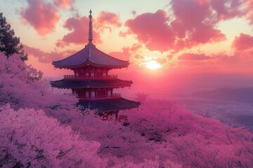 Obraz premium Beautiful cherry blossom sunset over traditional pagoda in Japan with vibrant pink clouds
