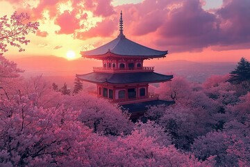 Naklejka premium Visit to a serene temple during cherry blossom season at sunset in Japan