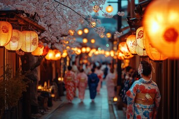 Fototapeta premium Cherry blossoms illuminate a traditional street festival with colorful lanterns and dressed locals in evening twilight