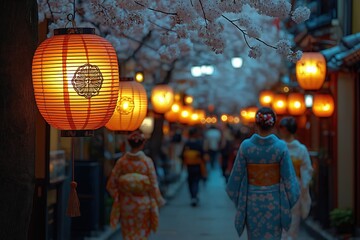 Obraz premium Cherry blossoms and lanterns illuminate a traditional street during evening stroll