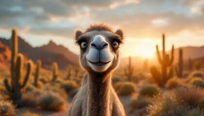 Obraz premium Cheerful Camel at Sunset in the Desert