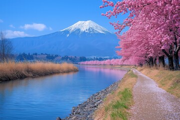 Cherry blossom trees line the river with a snowy mountain backdrop in springtime landscape