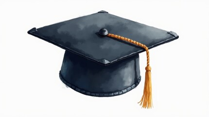 A beautiful watercolor depiction of a single black graduation cap, featuring fluid brushwork and a refined aesthetic, ideal for themes of education and success. 