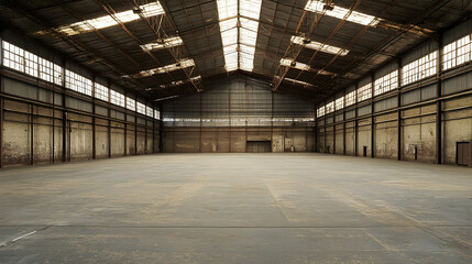 Empty Industrial Warehouse Interior, building, space, large, wide, high ceiling