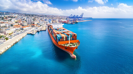 Container Ship at Port, Aerial View, cargo ship, harbor, ocean, sea, shipping