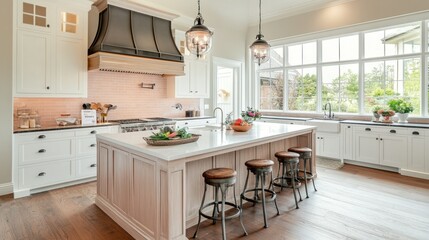 Fototapeta premium Luxurious Farmhouse Kitchen Design with Island and Extensive Windows