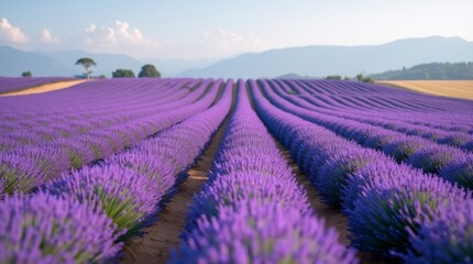 Fototapeta premium A breathtaking lavender field in full bloom, showcasing endless rows of vibrant purple flowers swaying gently in the breeze, creating a serene and aromatic landscape.