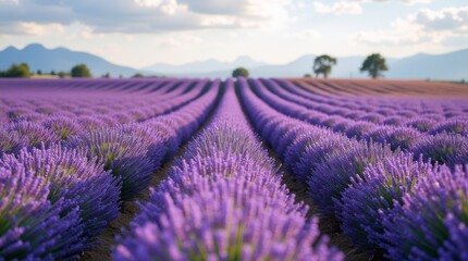 Obraz premium A breathtaking lavender field in full bloom, showcasing endless rows of vibrant purple flowers swaying gently in the breeze, creating a serene and aromatic landscape.