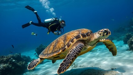 Obraz premium Quiet Encounter: Loggerhead Turtle and Diver in the Deep Ocean