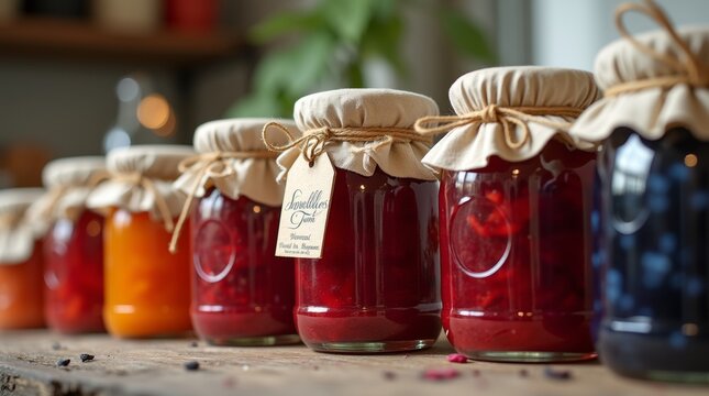 A charming display of homemade jam jars lined up on a rustic wooden table, showcasing a variety of colorful jams, including strawberry, raspberry, and blueberry