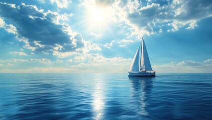 Obraz premium Sailboat glides serenely across the ocean under a vibrant sunny sky with puffy clouds, a peaceful voyage.