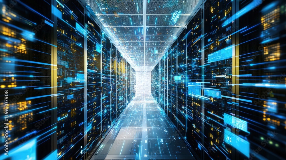 Poster A futuristic 3D render of a high-tech server room with glowing blue and yellow lights, showcasing data transfer and digital connectivity. Perfect for technology and networking concepts
