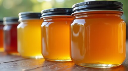 A close-up of beautifully crafted homemade jam jars, each filled with rich, vibrant fruit preserves.