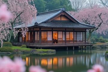 Obraz premium Cherry blossom season adorns traditional house by serene pond during sunset