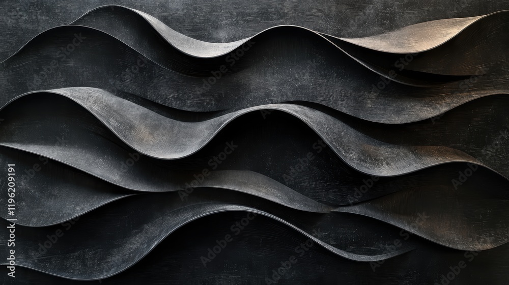 Poster dark textured waves in shades of black and charcoal, evoking a sense of motion and depth with light 