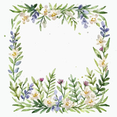 Watercolor floral seamless border. A hand-painted frame of green leaves, wildflowers, and field flowers is isolated on a white background. Illustration for design, print, and background.