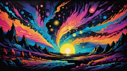 Obraz premium Surreal desert landscape with colorful nebula clouds glowing beneath setting sun