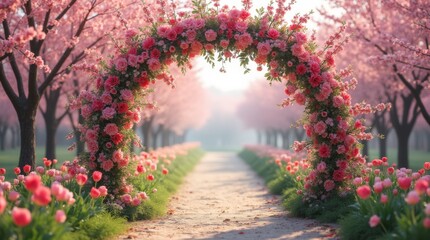 A stunning blossom archway adorned with vibrant flowers, creating a picturesque entrance that evokes a sense of romance and beauty, perfect for spring celebrations and events.