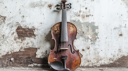 A worn violin leans against a peeling white wall, a reminder of stories and melodies.