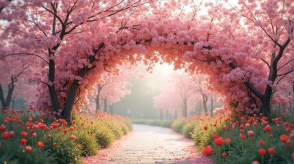 A stunning blossom archway adorned with vibrant flowers, creating a picturesque entrance that evokes a sense of romance and beauty, perfect for spring celebrations and events.
